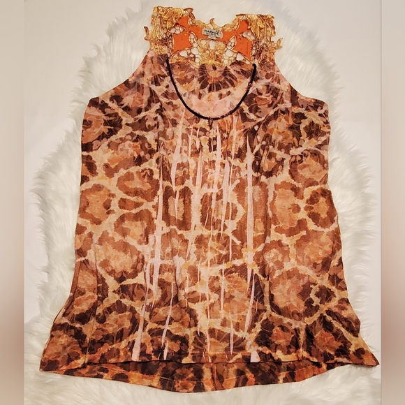 One World Embroydered Graphic Halter Tank Top Orange And Brown Print Size L - Picture 3 of 8